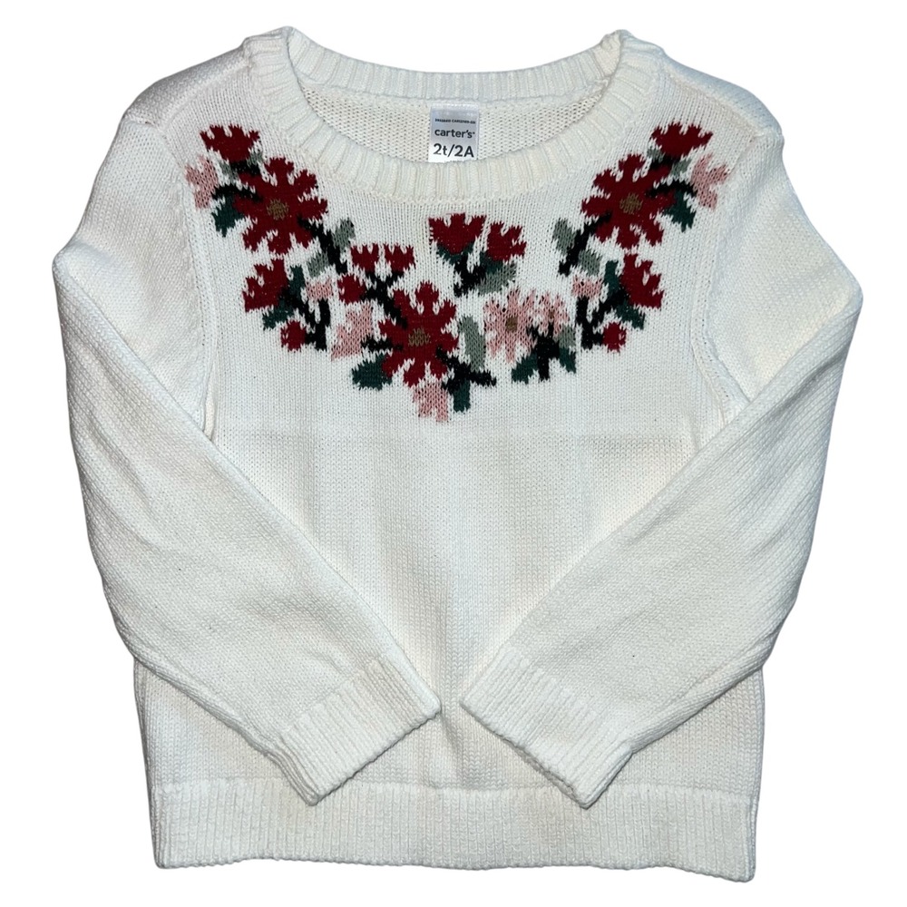Carters Toddler Girls Floral Embroidered Sweater 2T/2A Cream Red Green Holiday
